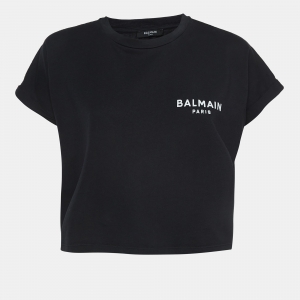 Balmain Black Logo Printed Cotton Knit Crop Top M