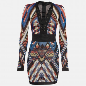 Balmain Multicolor Patterned Knit Lace-Up Mini Sheath Dress S  