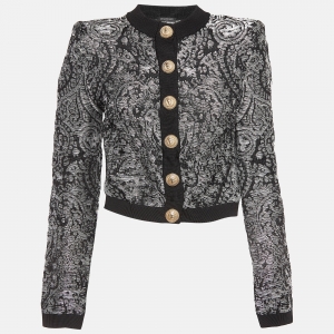 Pre Owned Balmain Black/Silver Lurex Knit Cropped Cardigan S