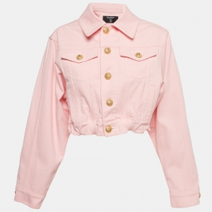 Pre Owned Balmain Pink Denim Buttoned Detailed Cropped Jacket S