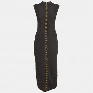 Pre Owned Balmain Black Stretch Knit Hook Detail Bodycon Midi Dress M
