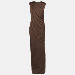 Balmain Brown Stretch Knit Drape Detail Sleeveless Maxi Dress M