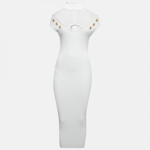 Pre Owned Balmain White Mesh Insert Rib Knit Cut-Out Midi Dress M