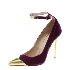 Balmain Purple Velvet And Metallic Gold Leather Ankle Strap Pointed Toe Pumps Size 40