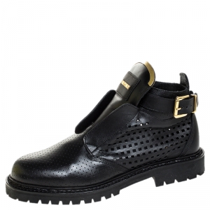 Balmain Black Perforated Leather Buckle Ankle Boots Size 41