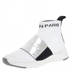 Balmain White/Black Stretch Knit And Leather Cameron Embossed Logo High Top Sneakers Size 37