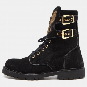 Balmain Black Suede Eagle Ranger Combat Ankle Boots Size 40