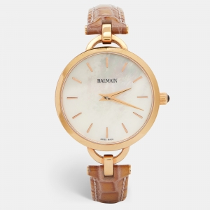 Pre Owned Balmain Mother of Pearl Rose Gold Plated Leather Orithia II B4779.42.86 Women's Wristwatch 32 mm