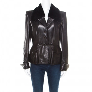 Barbara Bui Dark Brown Fur Collar Belted Leather Jacket L