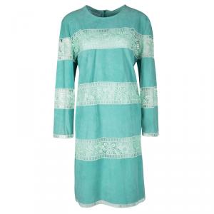 Blumarine Resort'16 Turquoise Goat Leather Embroidered Lace Panel Detail Dress XL