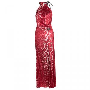 Blumarine Red Animal Printed Silk Neck Tie Embellished Detail Maxi Dress M