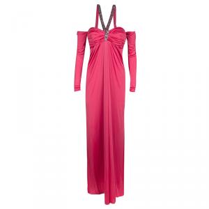 Blumarine Pink Knit Embellished Off Shoulder Maxi Dress M