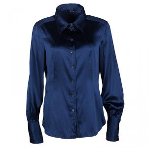 Pre Owned Boss by Hugo Boss Navy Blue Silk Satin Long Sleeve Button Front Shirt M