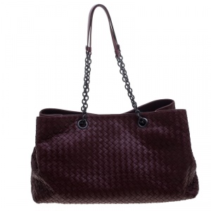 Pre Owned Bottega Veneta Burgundy Intrecciato Leather Double Chain Tote