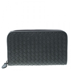 Pre Owned Bottega Veneta Grey Intrecciato Leather Zip Around Wallet