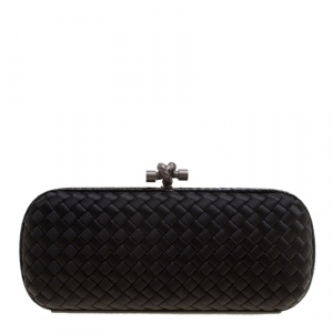 Pre Owned Bottega Veneta Black Intrecciato Satin and Python Trim Knot Clutch