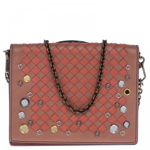 Pre Owned Bottega Veneta Orange Intrecciato Leather Flap Crossbody Bag