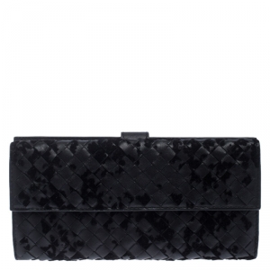Pre Owned Bottega Veneta Black Intrecciato Leather and Suede Flap Wallet 