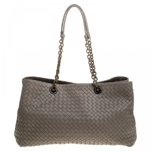 Pre Owned Bottega Veneta Brown Leather Intrecciato Medium Double-Chain Tote 