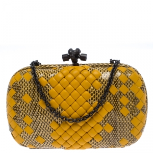 Pre Owned Bottega Veneta Yellow Leather and Python Chain Knot Clutch