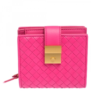 Pre Owned Bottega Veneta Pink Intrecciato Leather French Flap Wallet