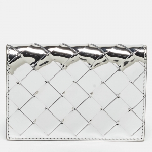 Pre Owned Bottega Veneta Silver Intrecciato Leather Card Case