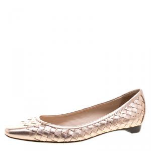 Pre Owned Bottega Veneta Metallic Gold Intrecciato Leather Ballet Flats Size 36