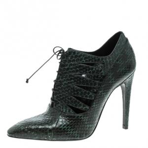 Pre Owned Bottega Veneta Green Python Leather Cutout Lace-Up Ankle Boots Size 38