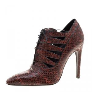 Pre Owned Bottega Veneta Burgundy Python Cutout Lace-Up Ankle Boots Size 37.5