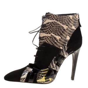 Pre Owned Bottega Veneta Black Suede and Python Lace Up Ankle Boots Size 38