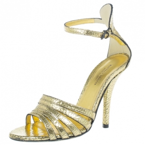 Pre Owned Bottega Veneta Gold Crackled Leather Metallic Ankle Strap Sandals Size 36