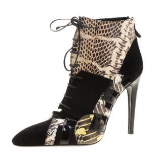 Pre Owned Bottega Veneta Black Suede and Python Lace Up Ankle Boots Size 39.5