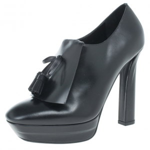 Pre Owned Bottega Veneta Black Leather Tassle Front Ankle Boots Size 39.5