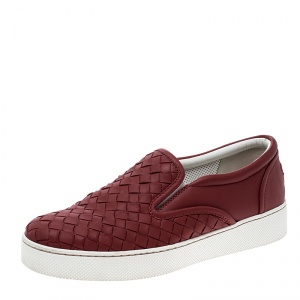 Pre Owned Bottega Veneta Red Intrecciato Leather Slip On Sneakers Size 35