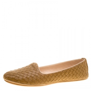 Pre Owned Bottega Veneta Dark Beige Intrecciato Leather Flats Size 40.5