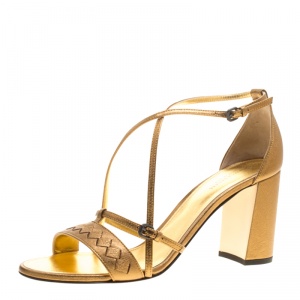 Pre Owned Bottega Veneta Metallic Bronze Intrecciato Leather Block Heel Sandals Size 40.5