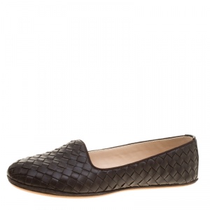 Pre Owned Bottega Veneta Brown Intrecciato Leather Flats Size 38