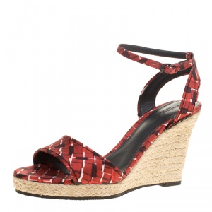 Pre Owned Bottega Veneta Red Printed Silk Ankle Strap Espadrille Wedge Sandals Size 39.5