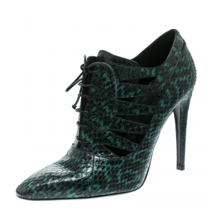 Pre Owned Bottega Veneta Green Python Leather Cutout Lace-Up Ankle Boots Size 40
