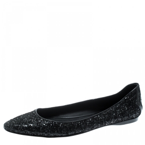 Pre Owned Bottega Veneta Metallic Black Glitter Intrecciato Leather Trim Pointed Toe Ballet Flats Size 38
