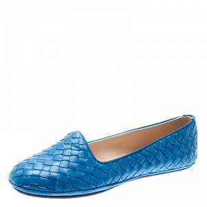 Pre Owned Bottega Veneta Blue Intrecciato Leather Ballet Flats Size 36