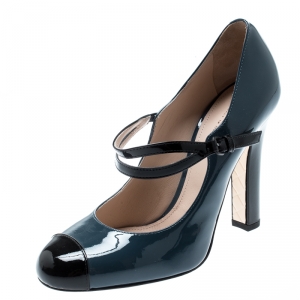 Pre Owned Bottega Veneta Slate Grey Patent Leather Bette Cap Toe Mary Jane Pumps Size 36