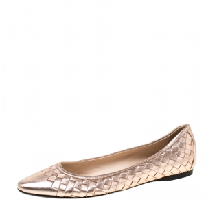 Pre Owned Bottega Veneta Metallic Rose Gold Intrecciato Leather Ballet Flats Size 37.5