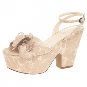 Pre Owned Bottega Veneta Butterfly-Embossed Ankle Wrap Platform Wedge Sandals Size 38.5