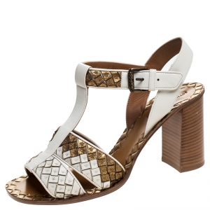 Pre Owned Bottega Veneta Metallic Bronze And White Leather Block Heel Sandals Size 40