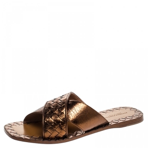 Pre Owned Bottega Veneta Bronze Metallic Intrecciato Crisscross Leather Flat Slides Size 37
