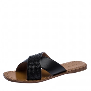 Pre Owned Bottega Veneta Black Leather Crisscross Flat Slides Size 40 