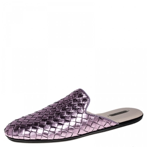 Pre Owned Bottega Veneta Metallic Purple Intrecciato Leather Fiandra Mules Size 37.5