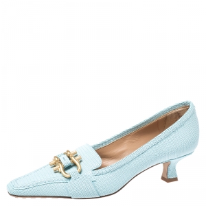 Pre Owned Bottega Veneta Blue Lizard Embossed Leather Loafers Pumps Size 37