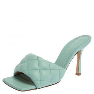 Pre Owned Bottega Veneta Blue Padded Quilted Leather Slide Sandals Size 37